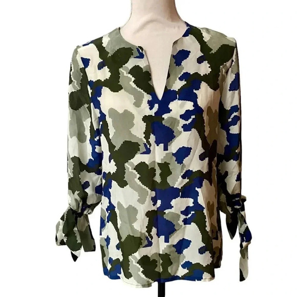 Rungolee Silk Ikat Print Blouse Size Small | Luxury Artisan Camo Semi-Sheer - Picture 1 of 13